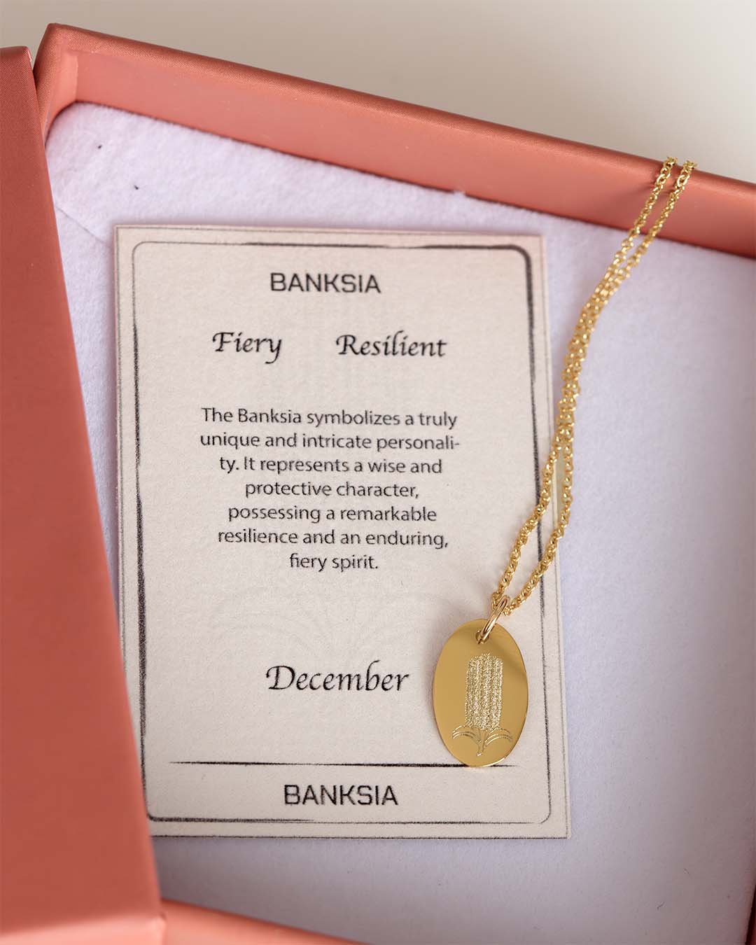 Banksia necklace gold with meaning card