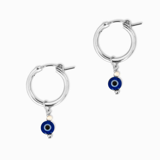 Evil Eye Charmed Hoop Earrings - Silver and Pearl