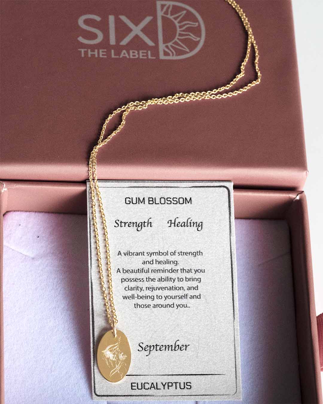 Eucalypt necklace gold with meaning card