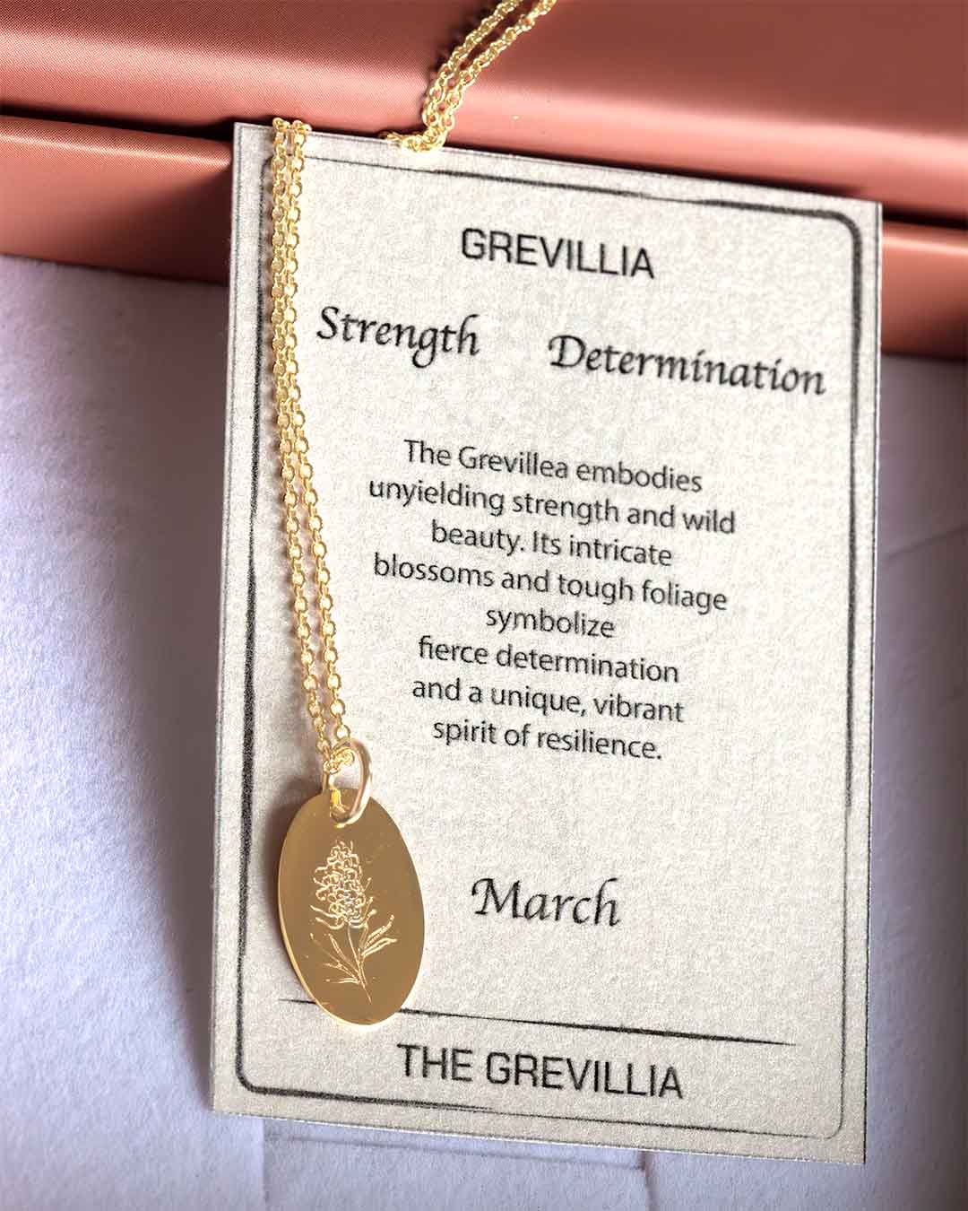 Grevillia necklace gold with meaning card