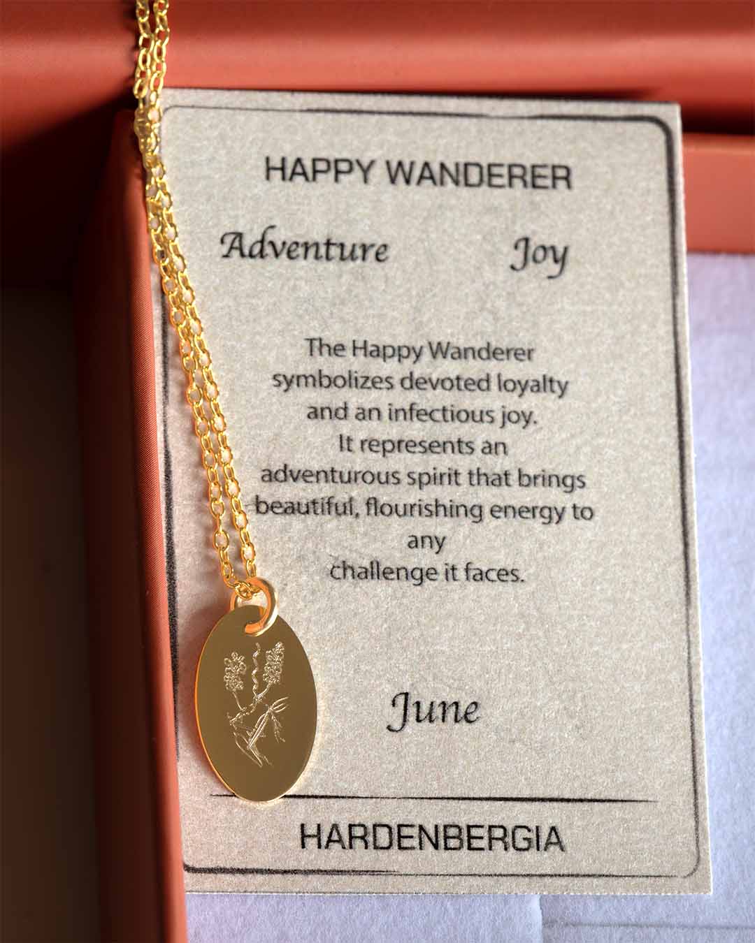Hardenbergia necklace gold with meaning card