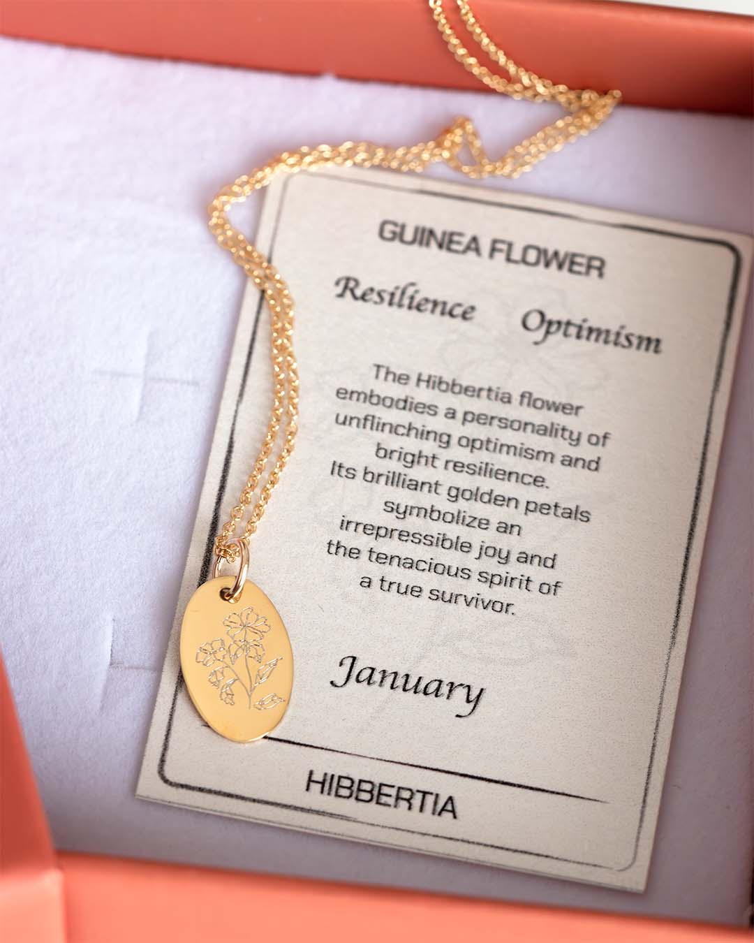 Hibbertia necklace gold with meaning card