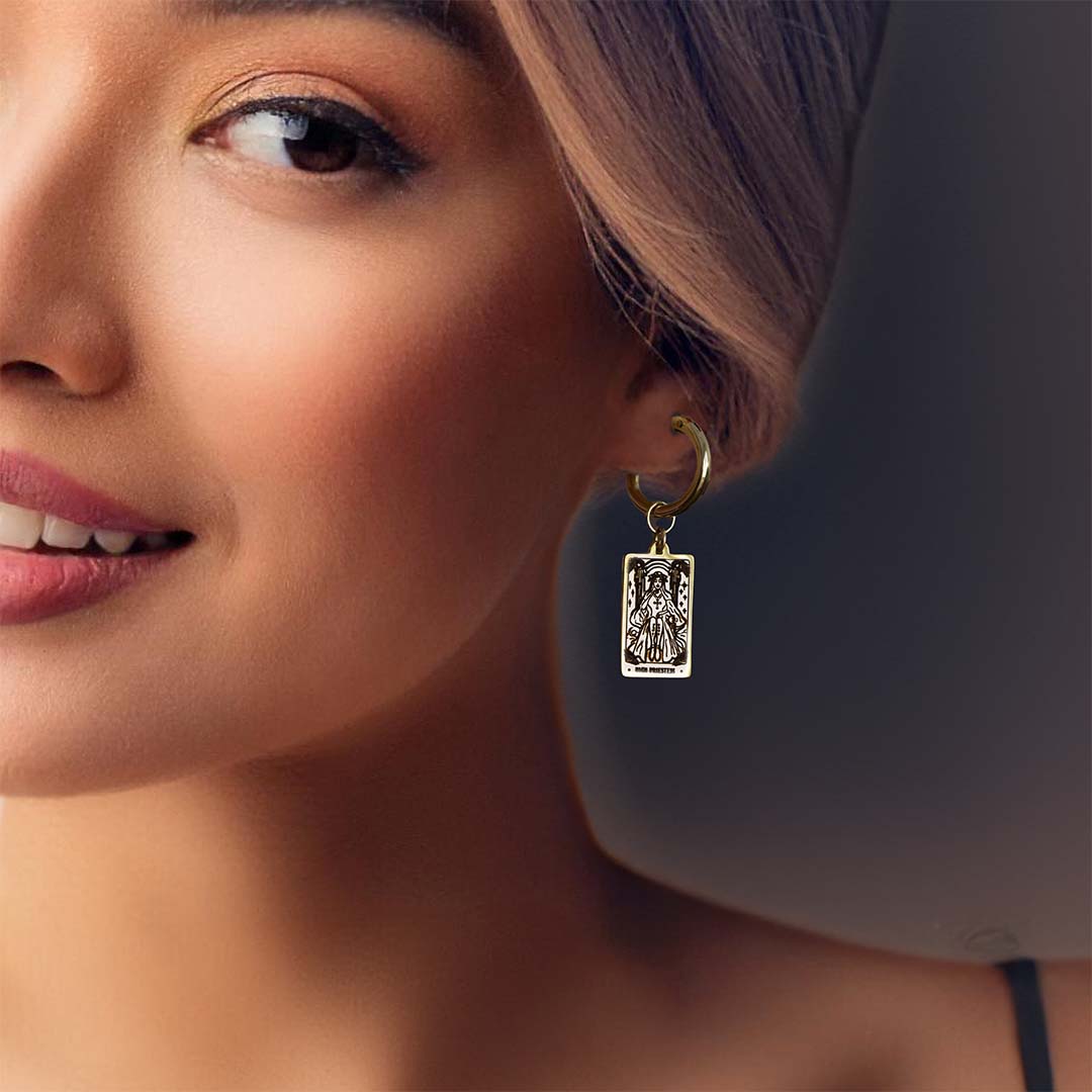 Model wearing High Priestess Tarot Hoop Earring Gold