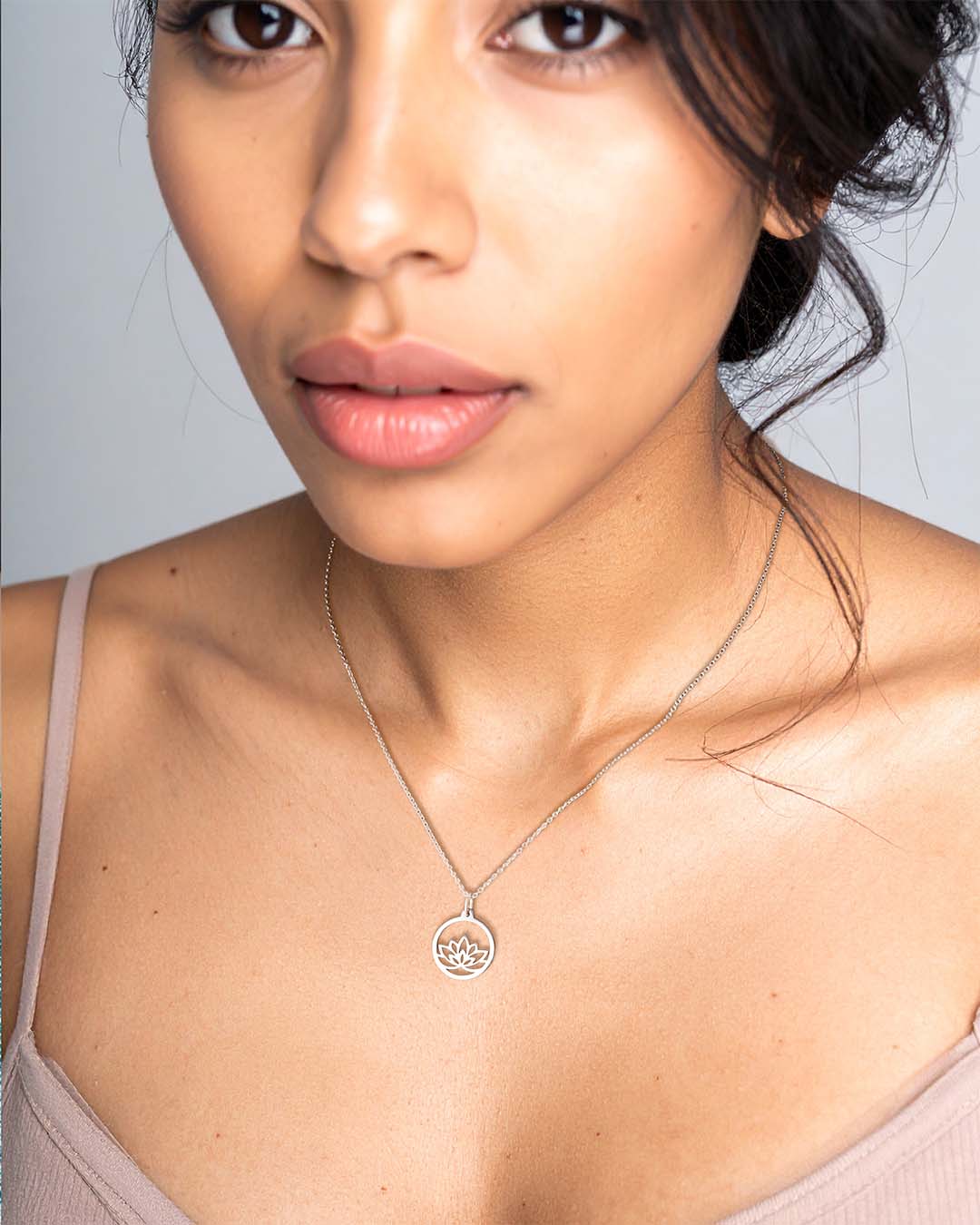 model wearing baby lotus necklace silver