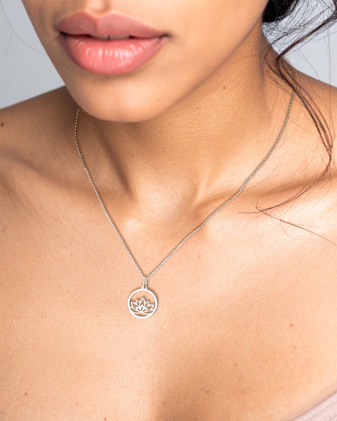 model wearing baby lotus necklace silver