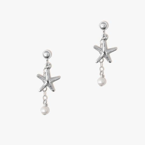 Starfish Drop Earrings - Silver and Pearl