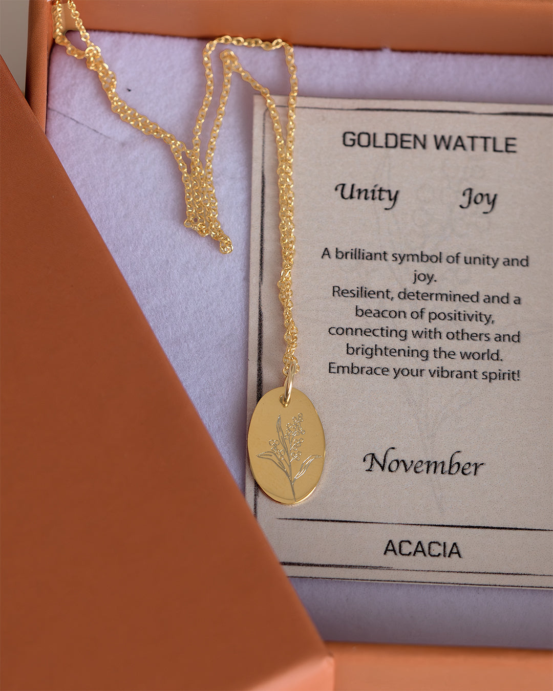 Wattle necklace gold with meaning card in box