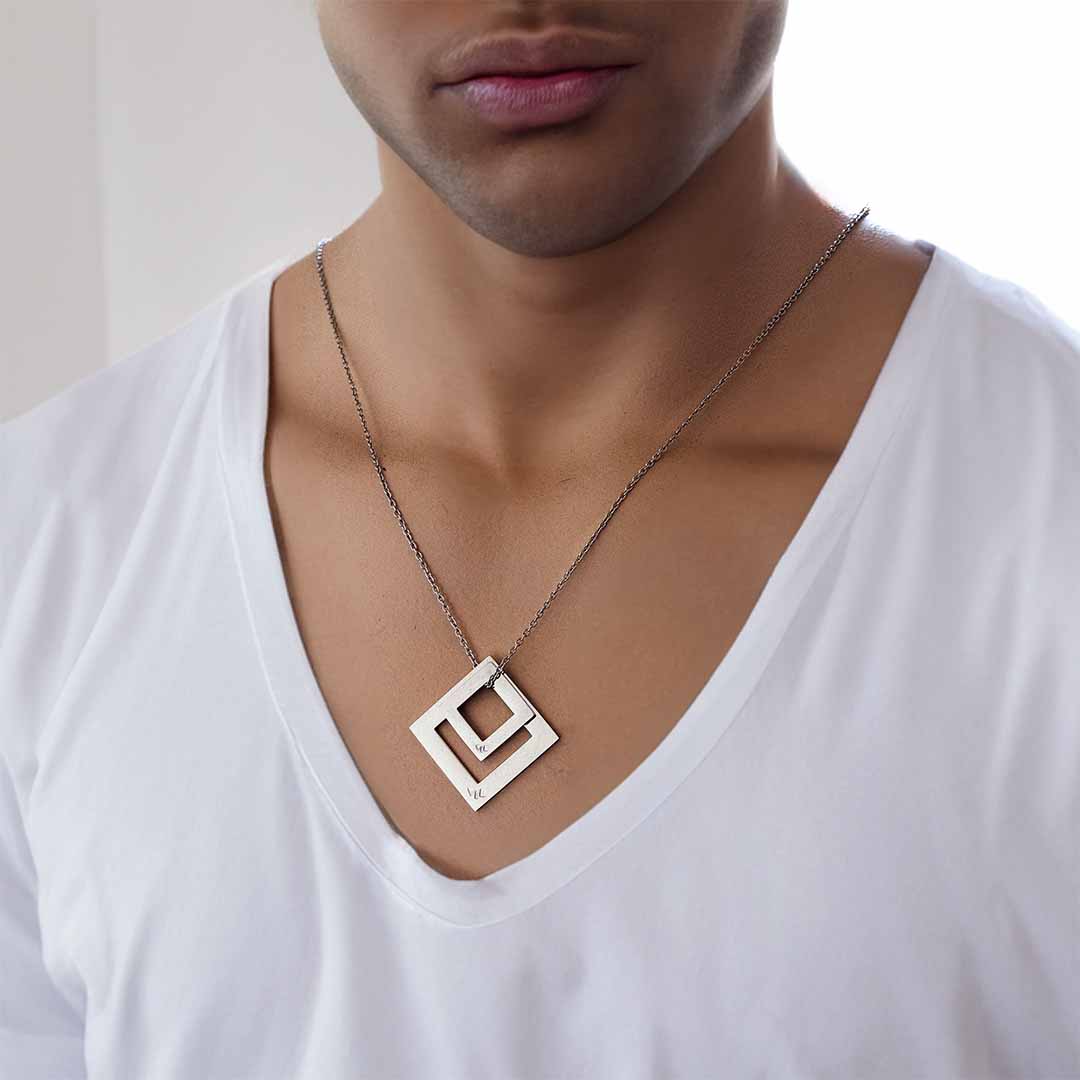 male model wearing double diamond necklace rhodium 