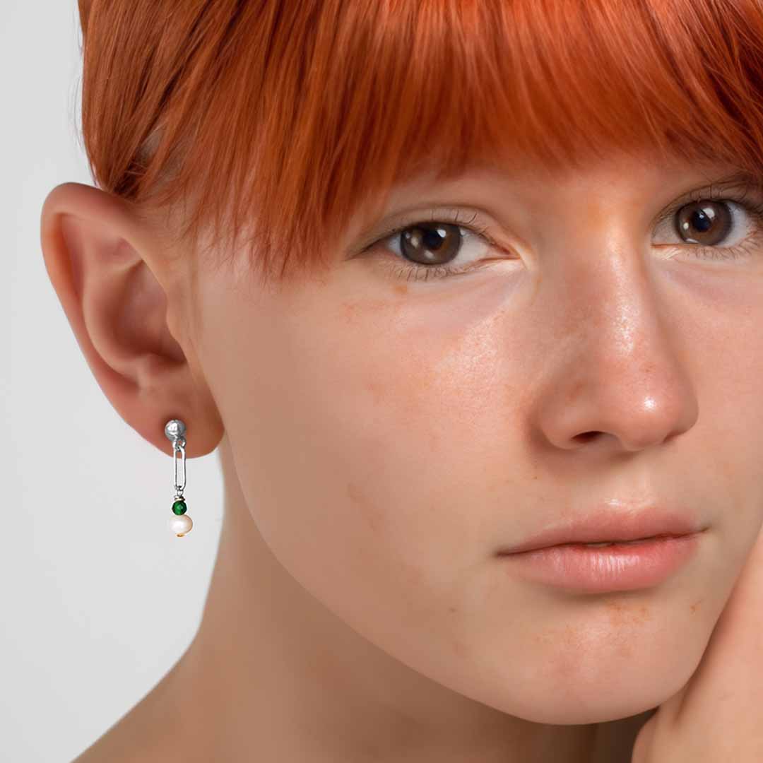 Model wearing Harlow Mini Earrings - Silver and Pearl Emerald