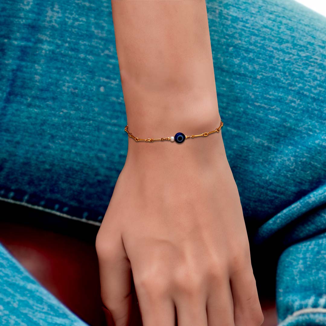 model wearing Evil Eye Gold Bracelet - Gold