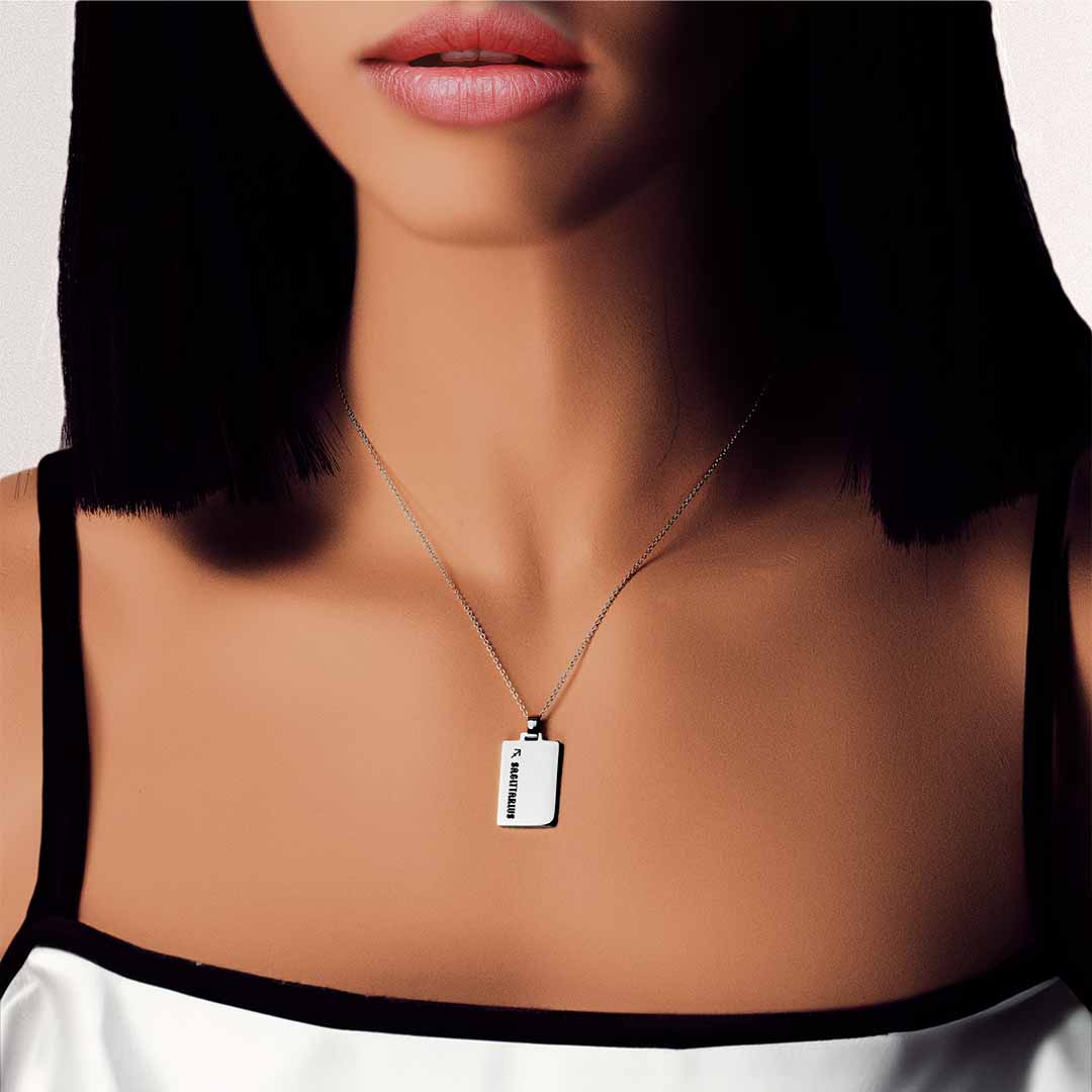 model wearing sagittarius star sign necklace silver