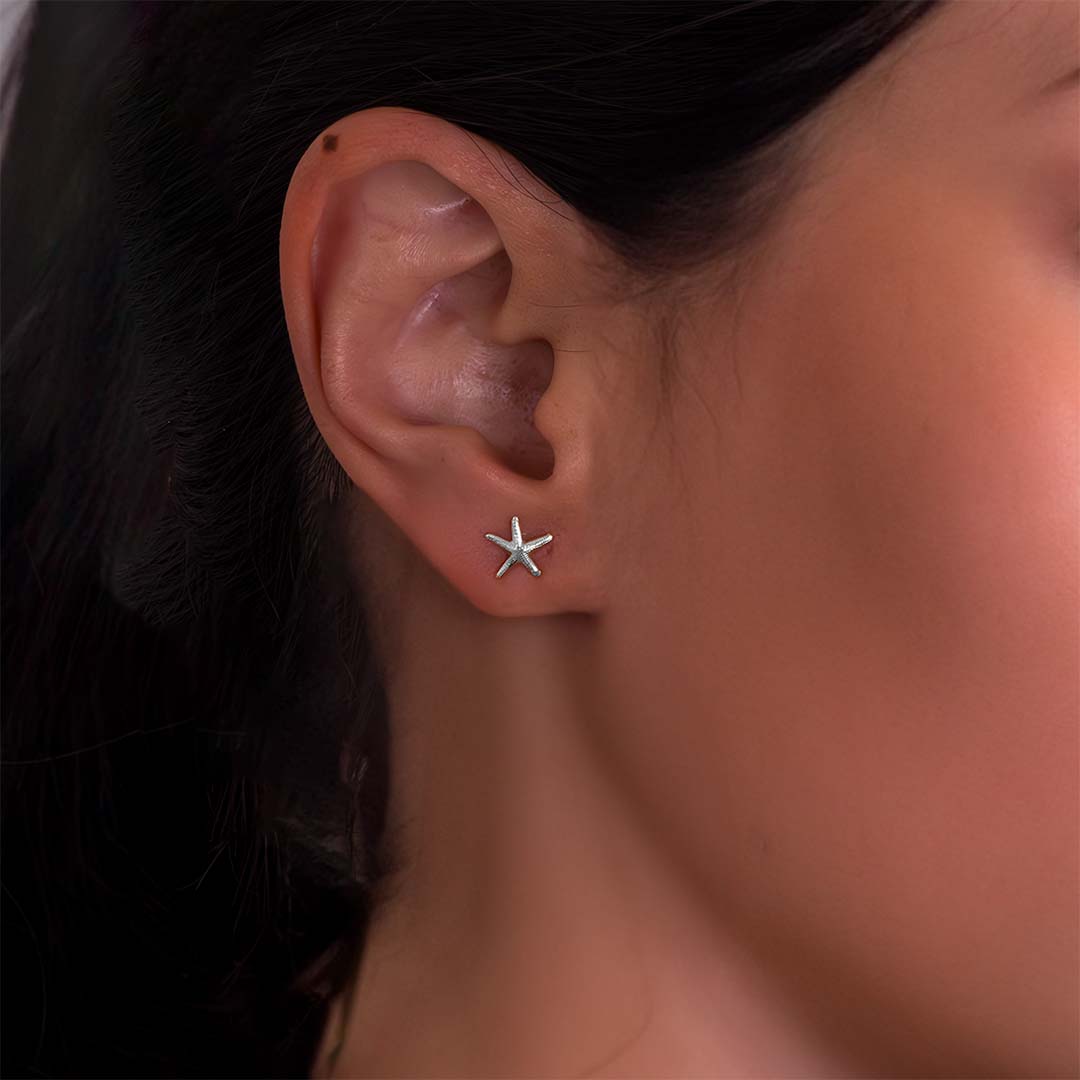 closeup model wearing Mermaid Starfish Stud Earrings - Silver