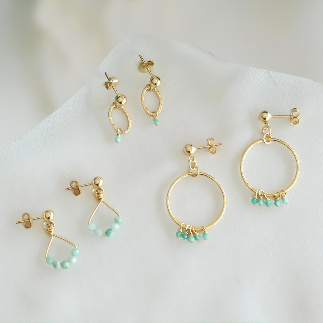Angel 5, Halo Constellation and Orbit Mini 14K gold filled earrings with natural amazonite gemstones flatlay