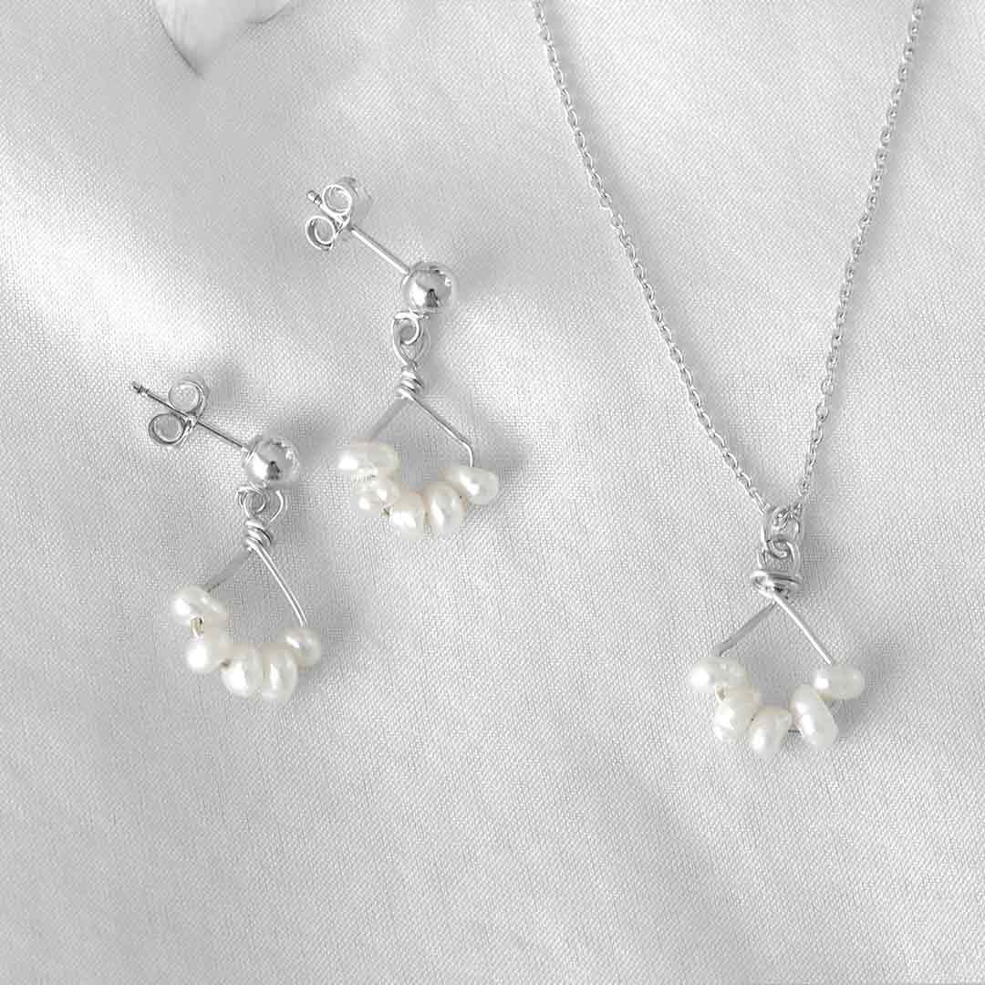 Angel 5 sterling silver earrings and necklace with natural pearl gemstones flatlay