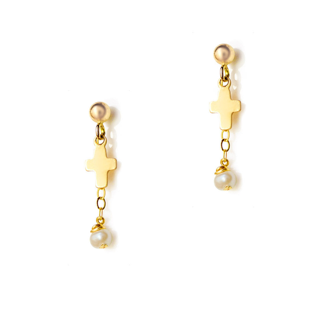 Angelic Cross Earrings - Gold and Pearl