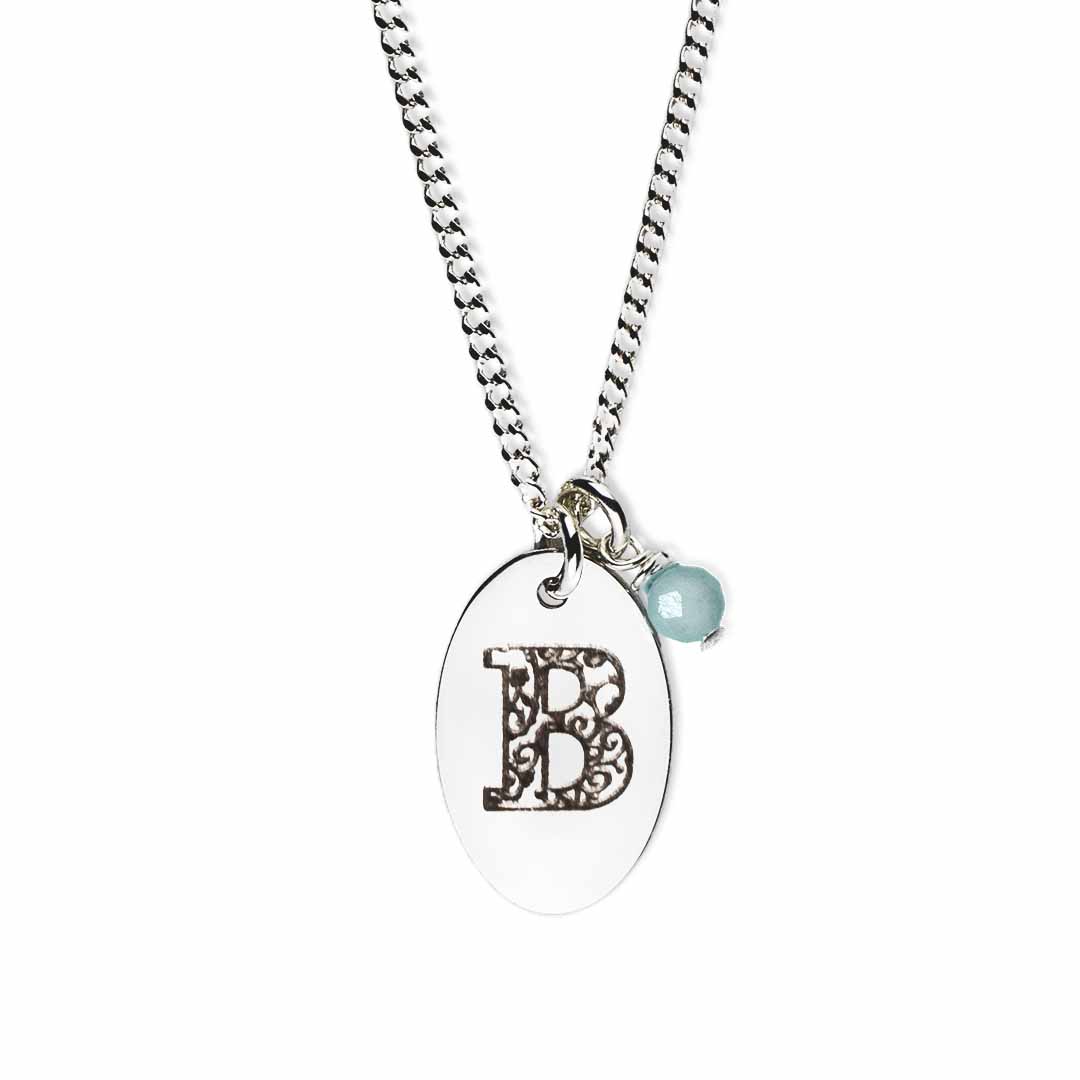 Initial-necklace-B-silver aquamarine