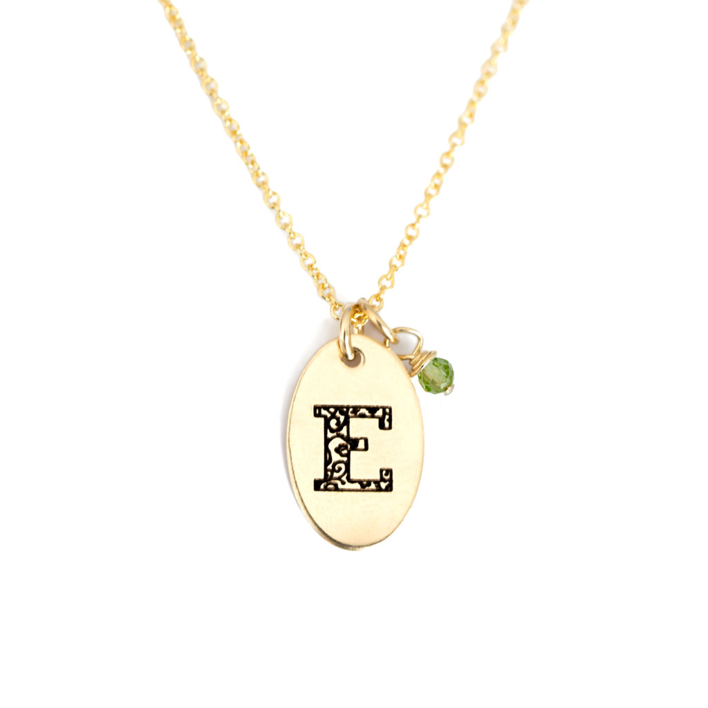 E - Birthstone Love Letters Necklace Gold and Peridot