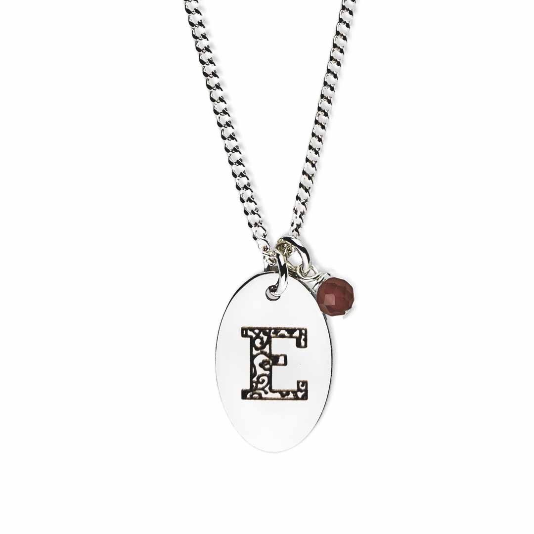 Birthstone-love-letter-e-silver red garnet