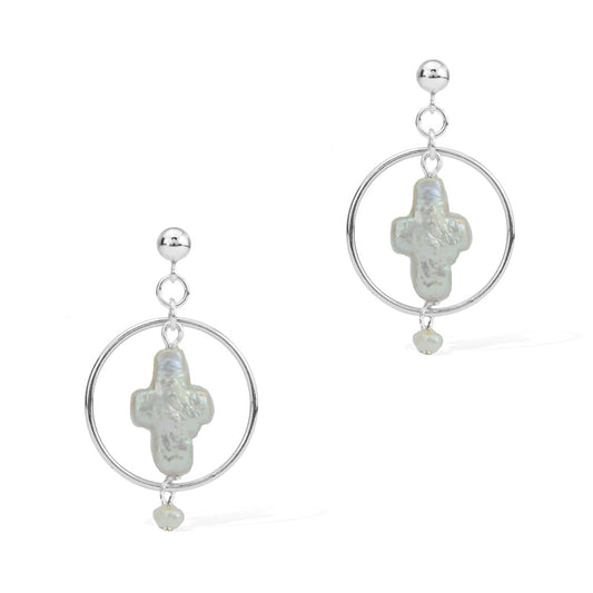 Halo Cross Earrings - Silver and Pearl