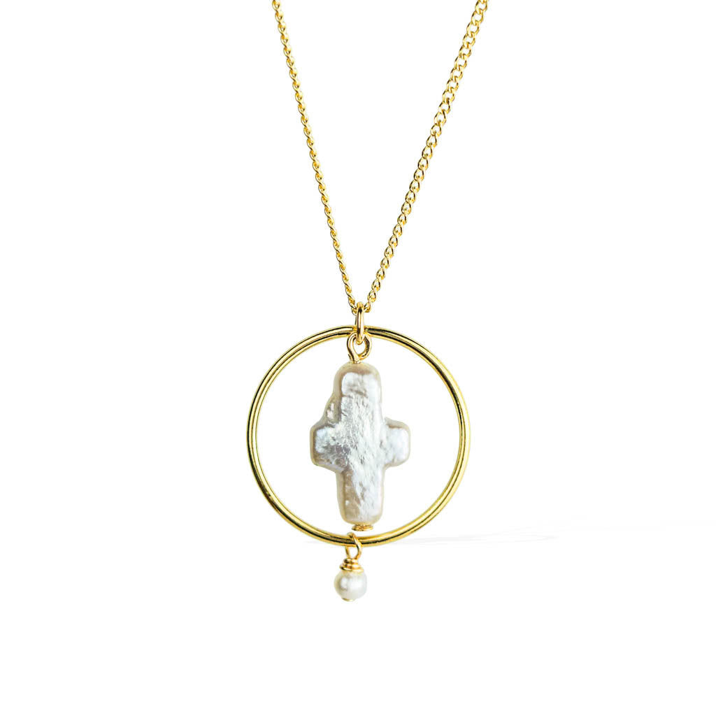 Halo Cross Necklace trace Chain gold and peaarl