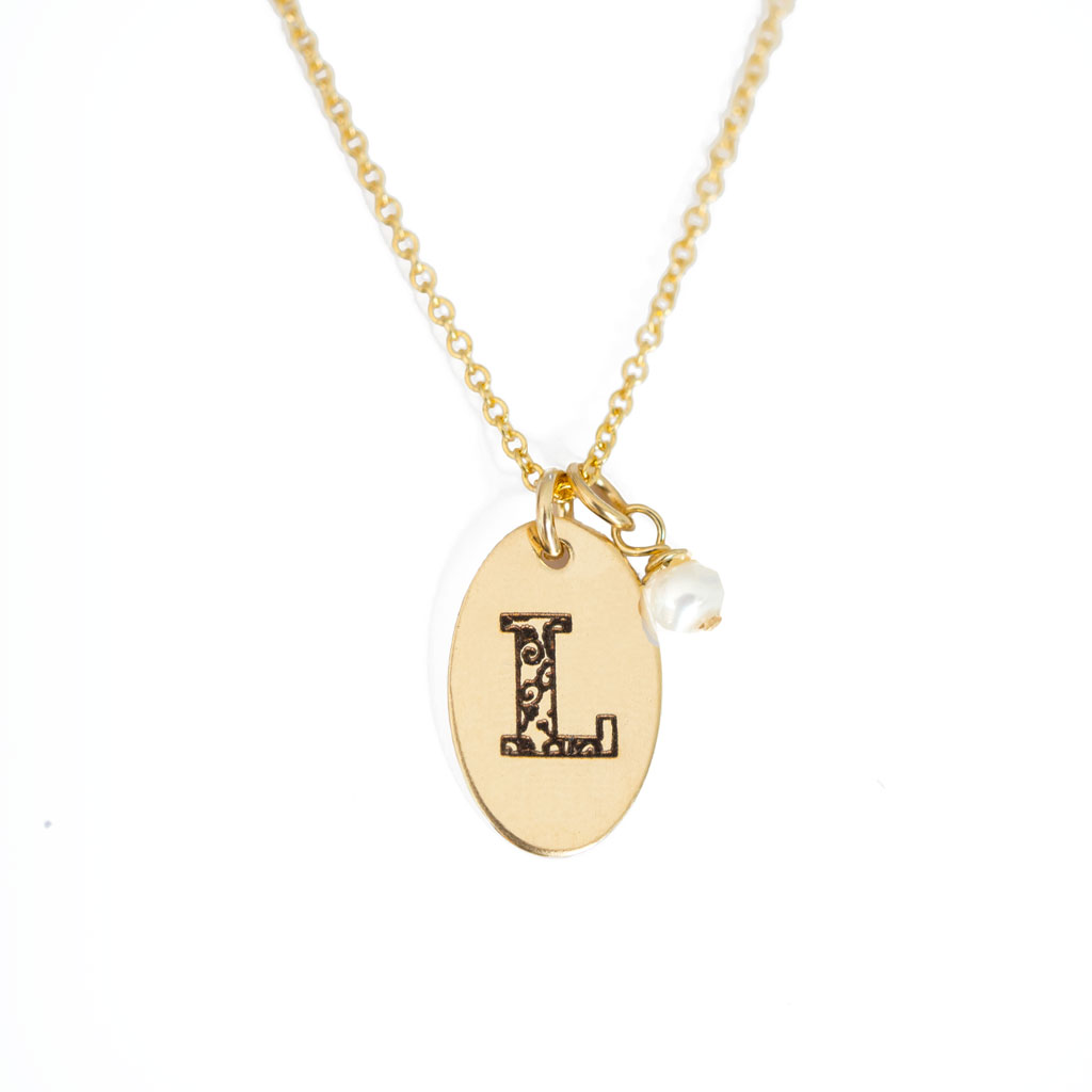 L - Birthstone Love Letters Necklace Gold and Pearl