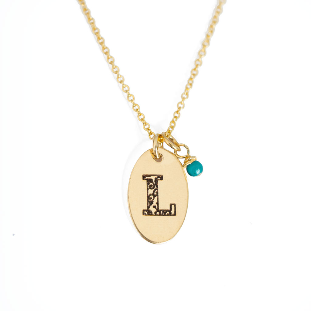 L - Birthstone Love Letters Necklace Gold and Turquoise