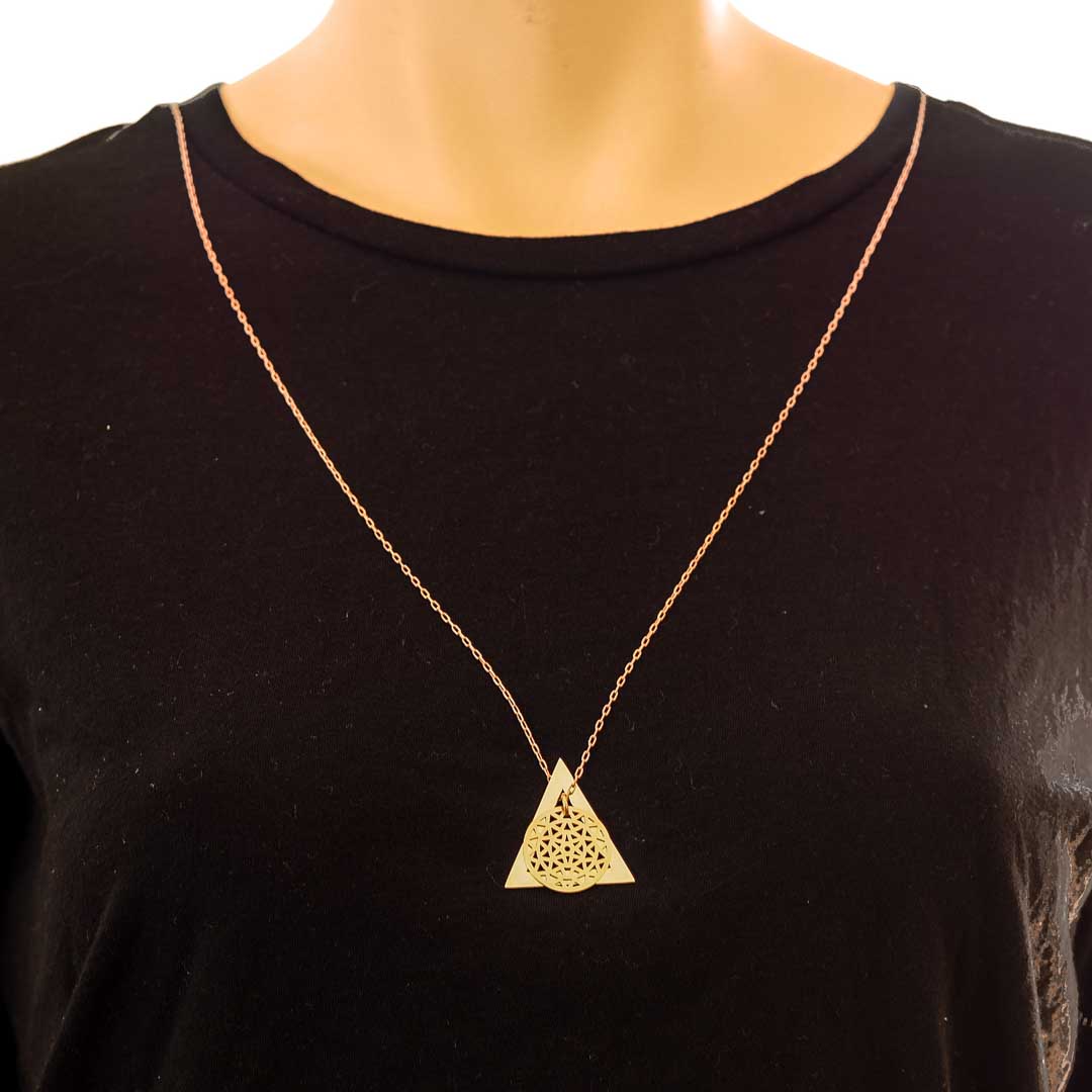Model wearing Dandelion and Deltaglyph Rose Gold on long chain