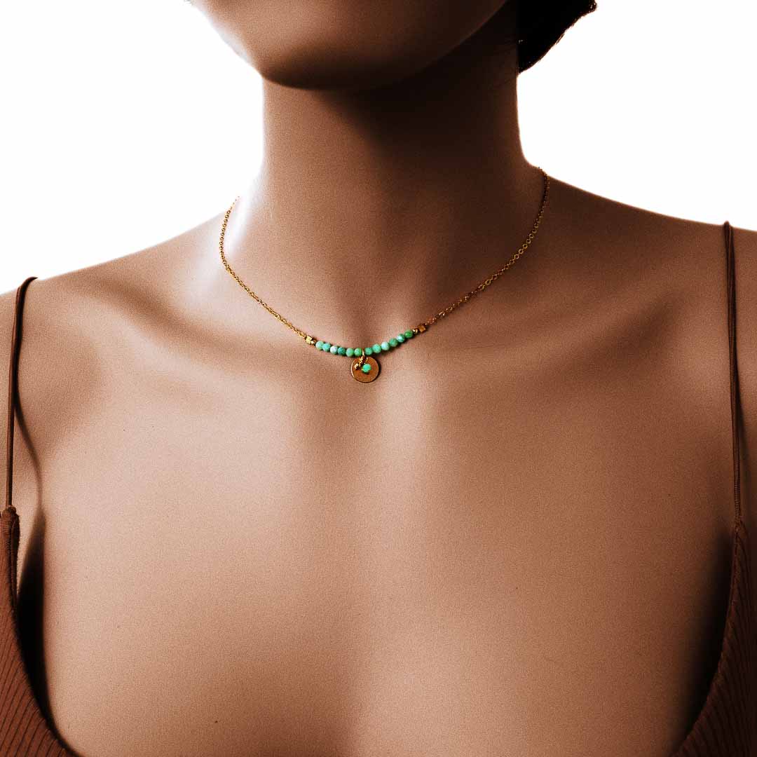 Model wearing Aura Necklace gold amazonite