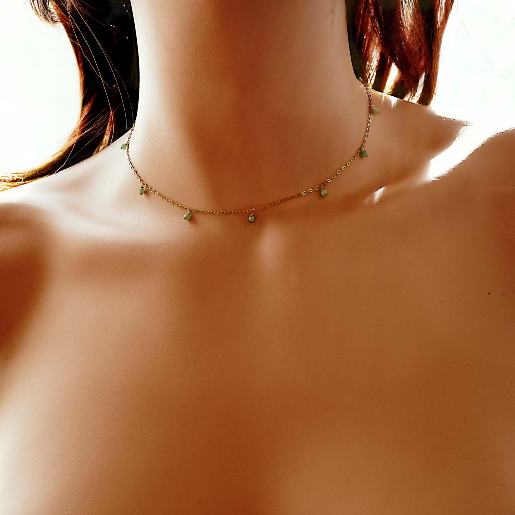 Model wearing Charmed Prue Necklace - Gold and Amazonite