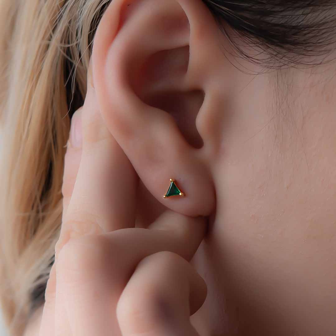 Model wearing Emerald Green Triangle Stud Earrings