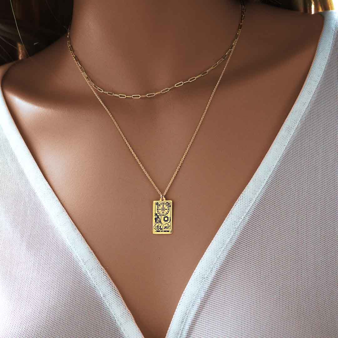 Model wearing Tarot Wheel Of Fortune Tarot Wheel Of Fortune necklace pendant 14K gold filled jewellery