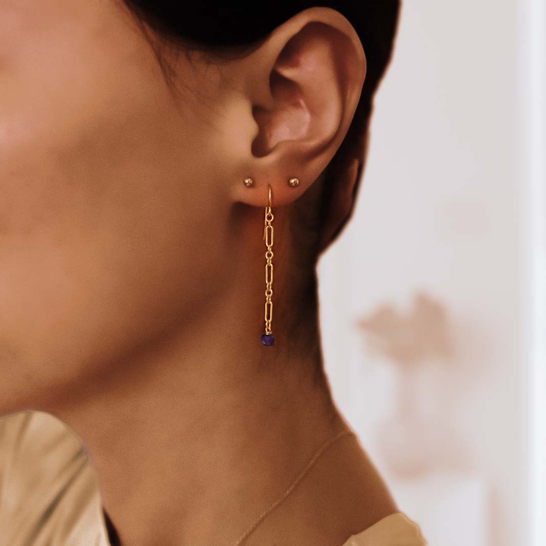 Model wearing Chain Mail Earrings - Gold and Amethyst