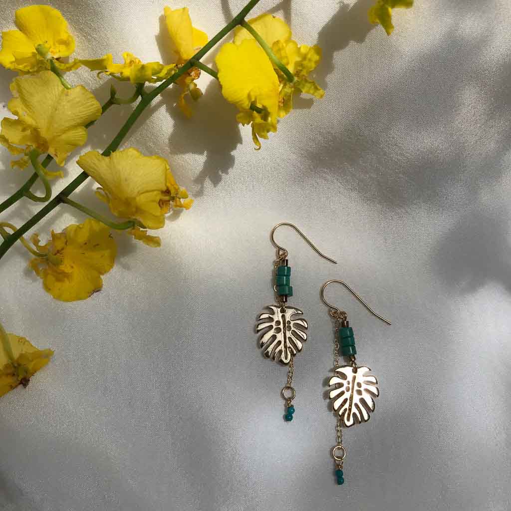 Monstera Turquoise Drop Earrings - Flatlay