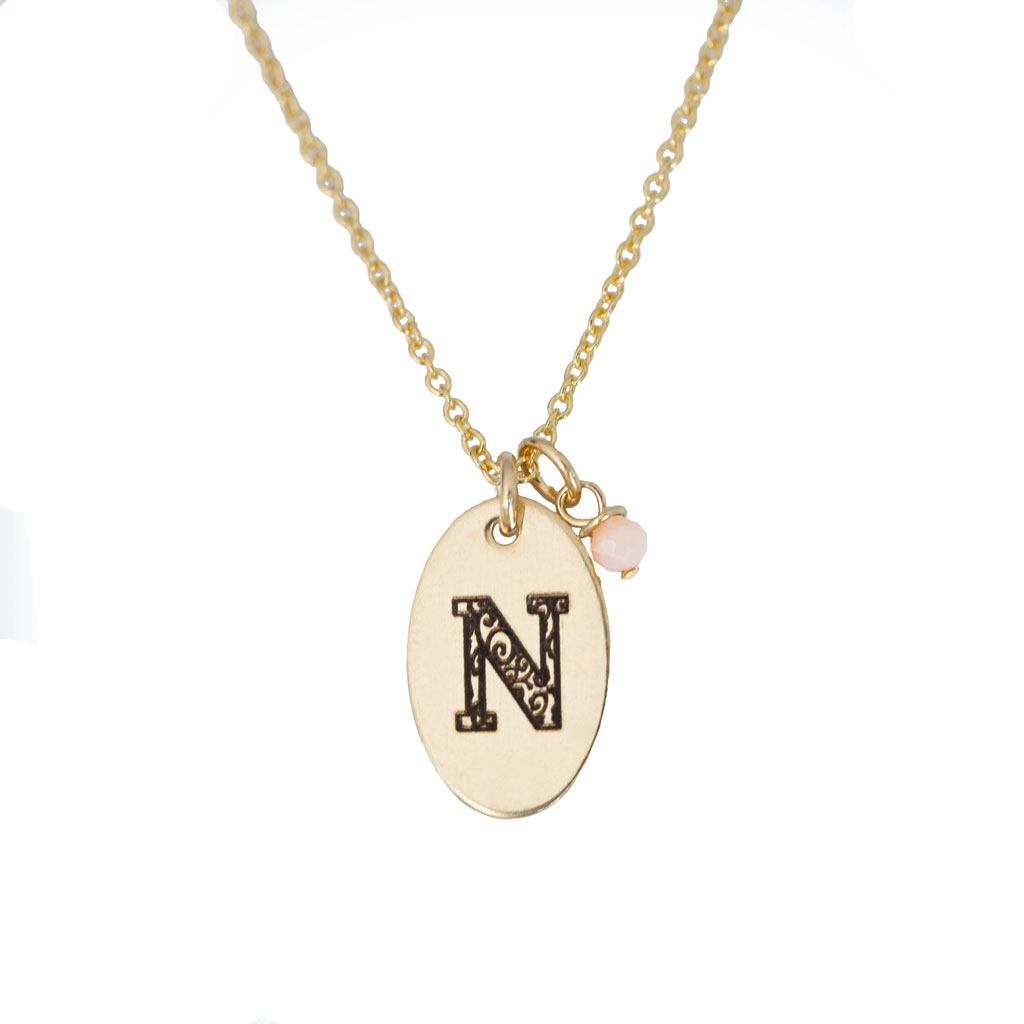 N - Birthstone Love Letters Necklace Gold and Pink Opal