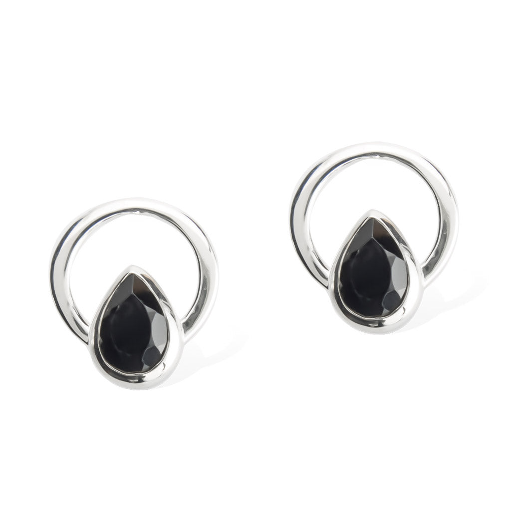 TEARDROP SINGLE RAY EARRINGS - Sterling Silver with Black Spinel