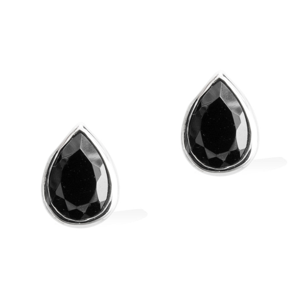 TEARDROP STUD EARRINGS  -  Sterling Silver with Black Spinel