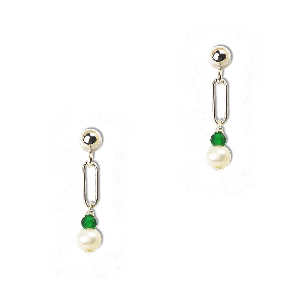 Harlow Mini Earrings - Silver and Pearl with Emerald