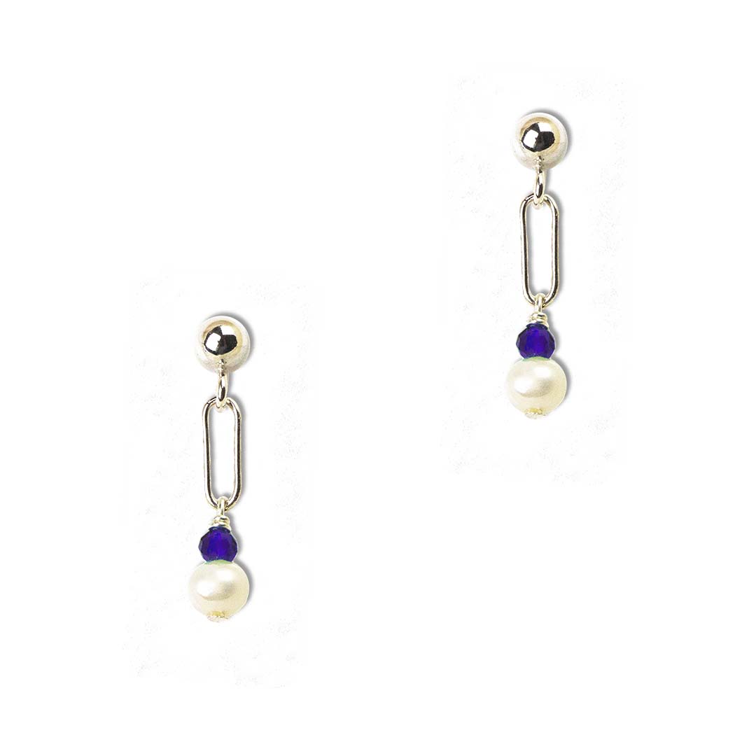 Harlow Mini Earrings - Silver and Pearl with Sapphire