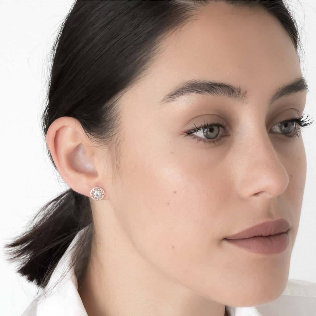 model wearing taraxacum earrings silver swiss blue topaz