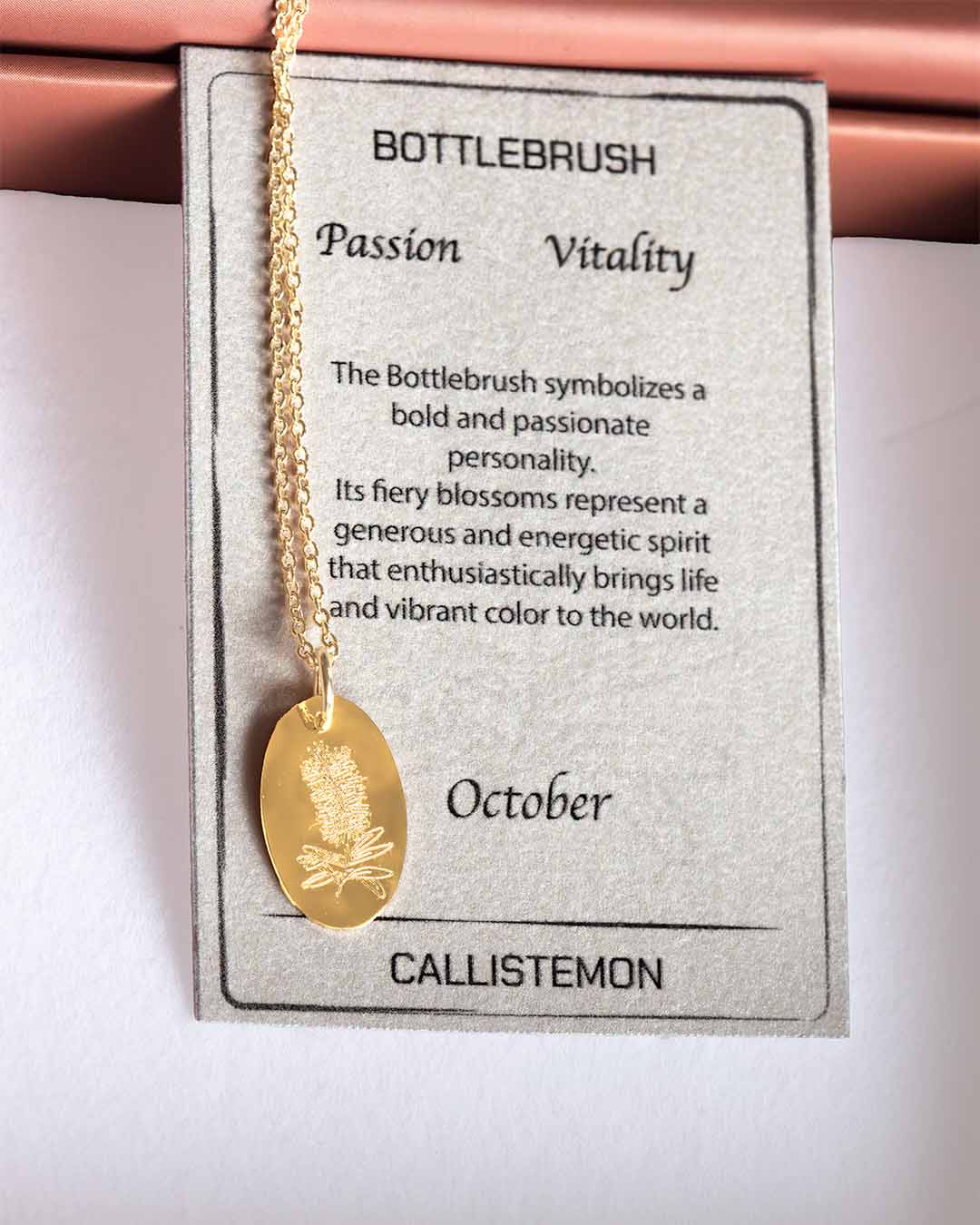Bottlebrush Australian Native Birthflower necklace gold with meaning card