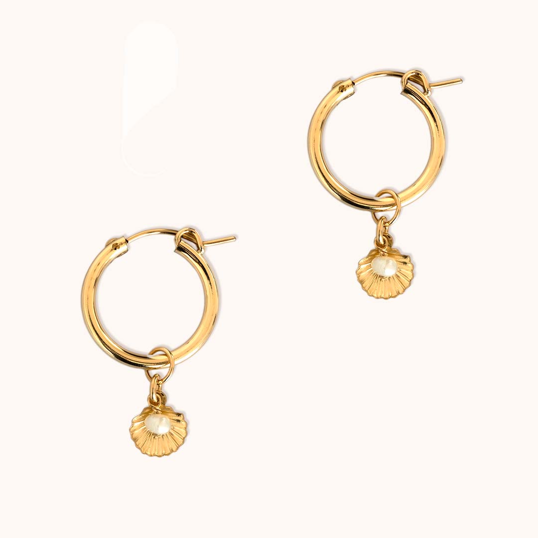 Seashell Charmed Hoop Earrings - Gold and Pearl
