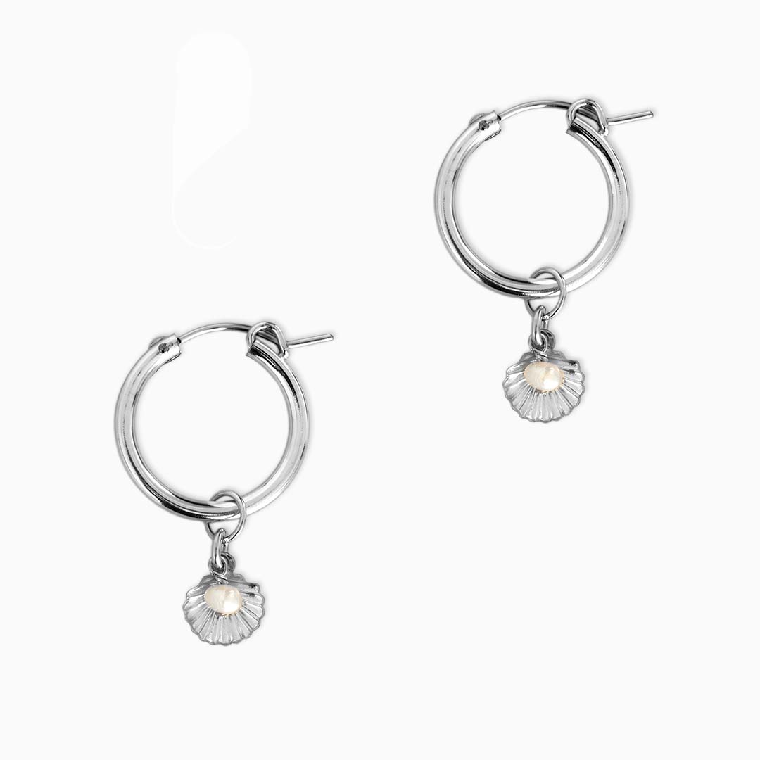 Seashell Charmed Hoop Earrings - Silver and Pearl