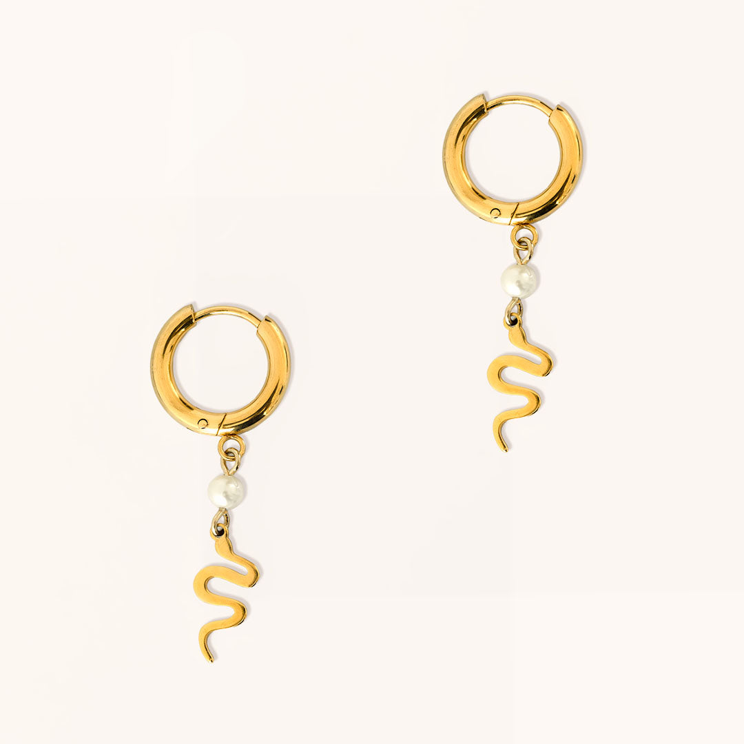 Serpent Charmed Hoop Earrings - Gold and Pearl