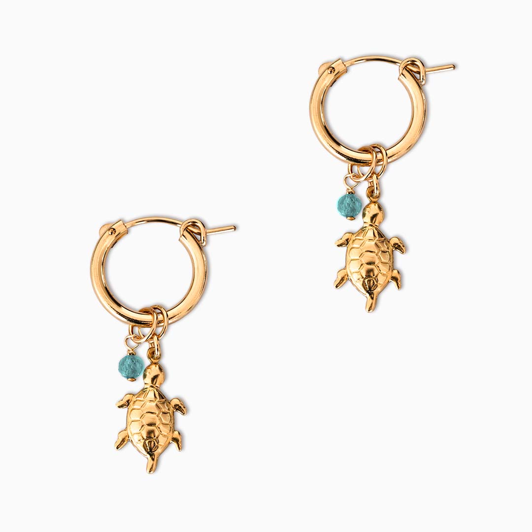 Turtle Charmed Hoop Earrings - Gold and Aquamarine