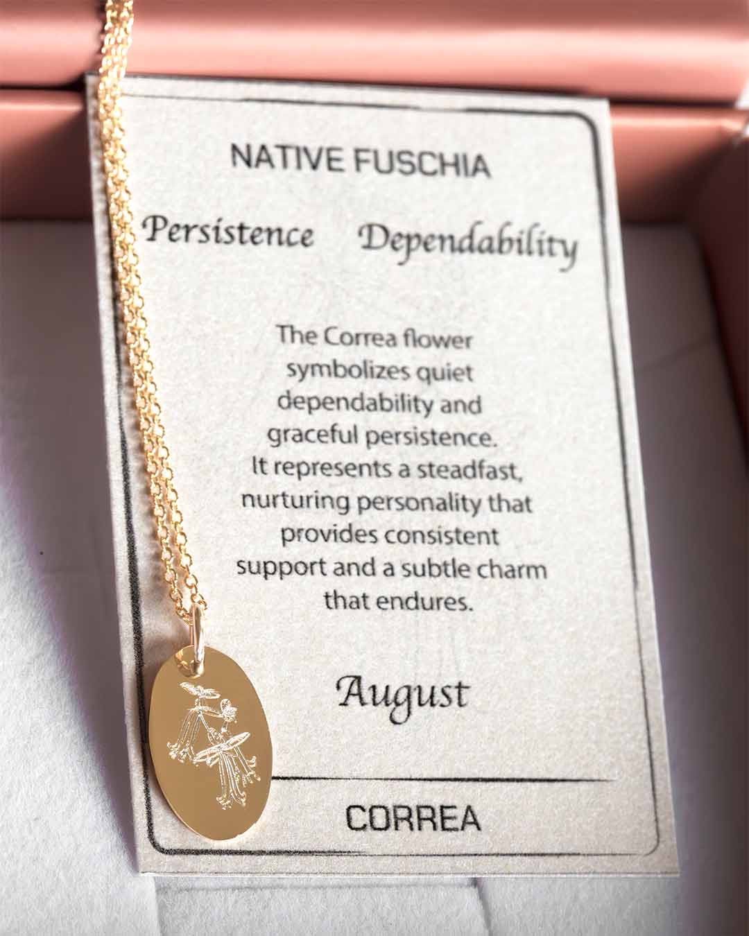 Correa Australian Native Birthflower necklace gold with meaning card