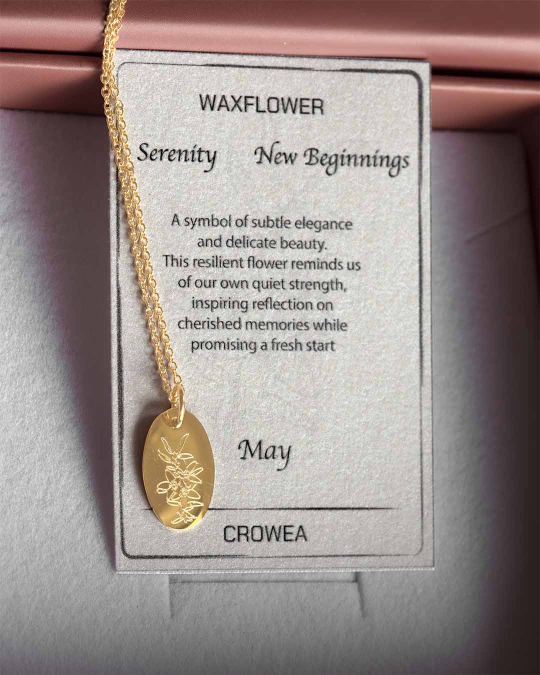 Crowea Australian Native Birthflower necklace gold with meaning card