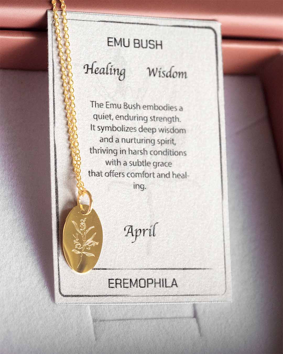 Eremophilia Australian Native Birthflower necklace gold with meaning card