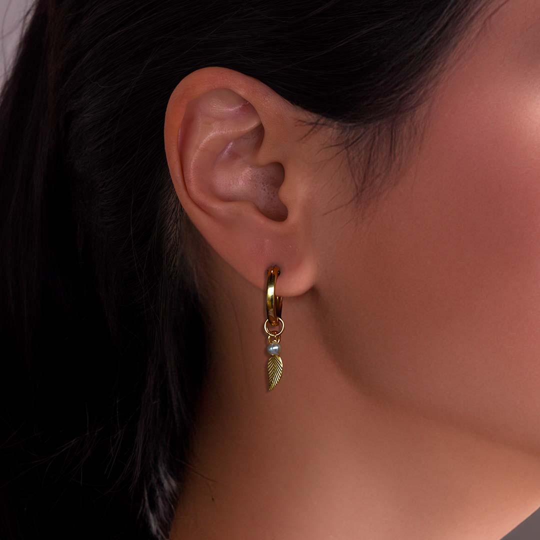Leaf Charmed Hoop Earrings - Gold