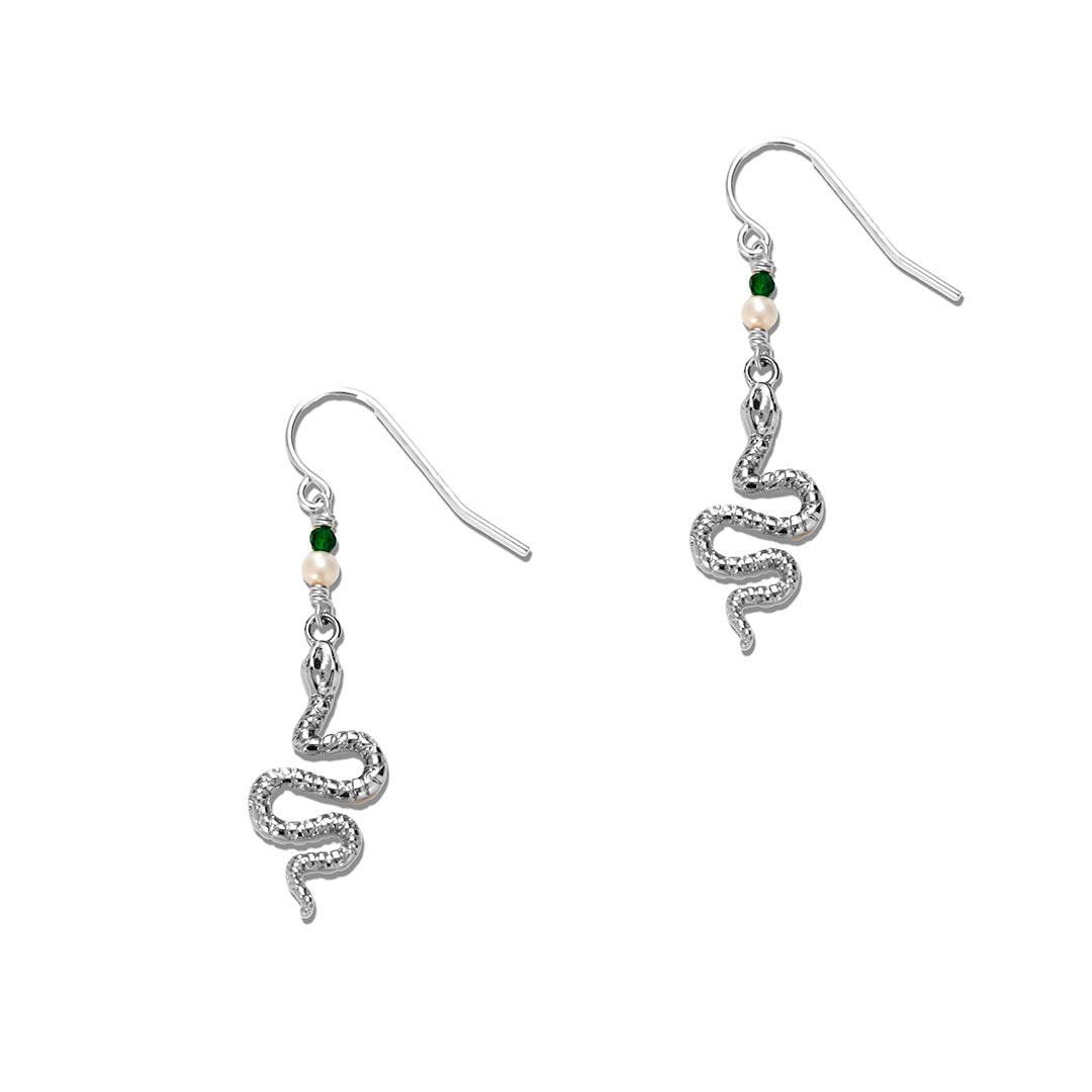Serpent Drop Earrings - Silver and Pearl