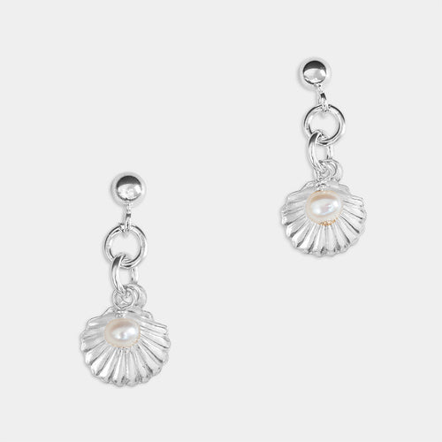 Shell Pod Pearl Drop Earrings - Silver and Pearl